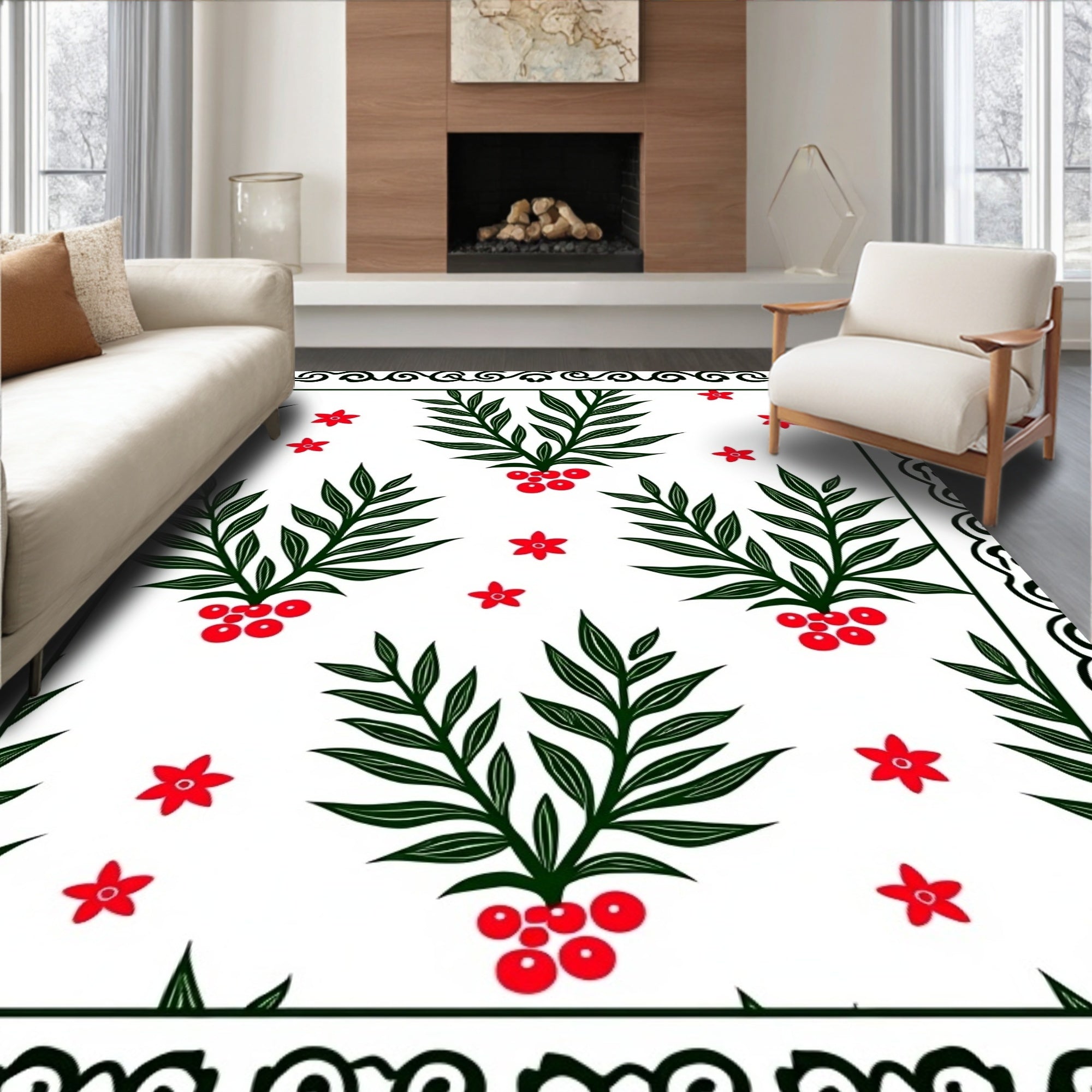 Classic Green Red Branch Floral Rug