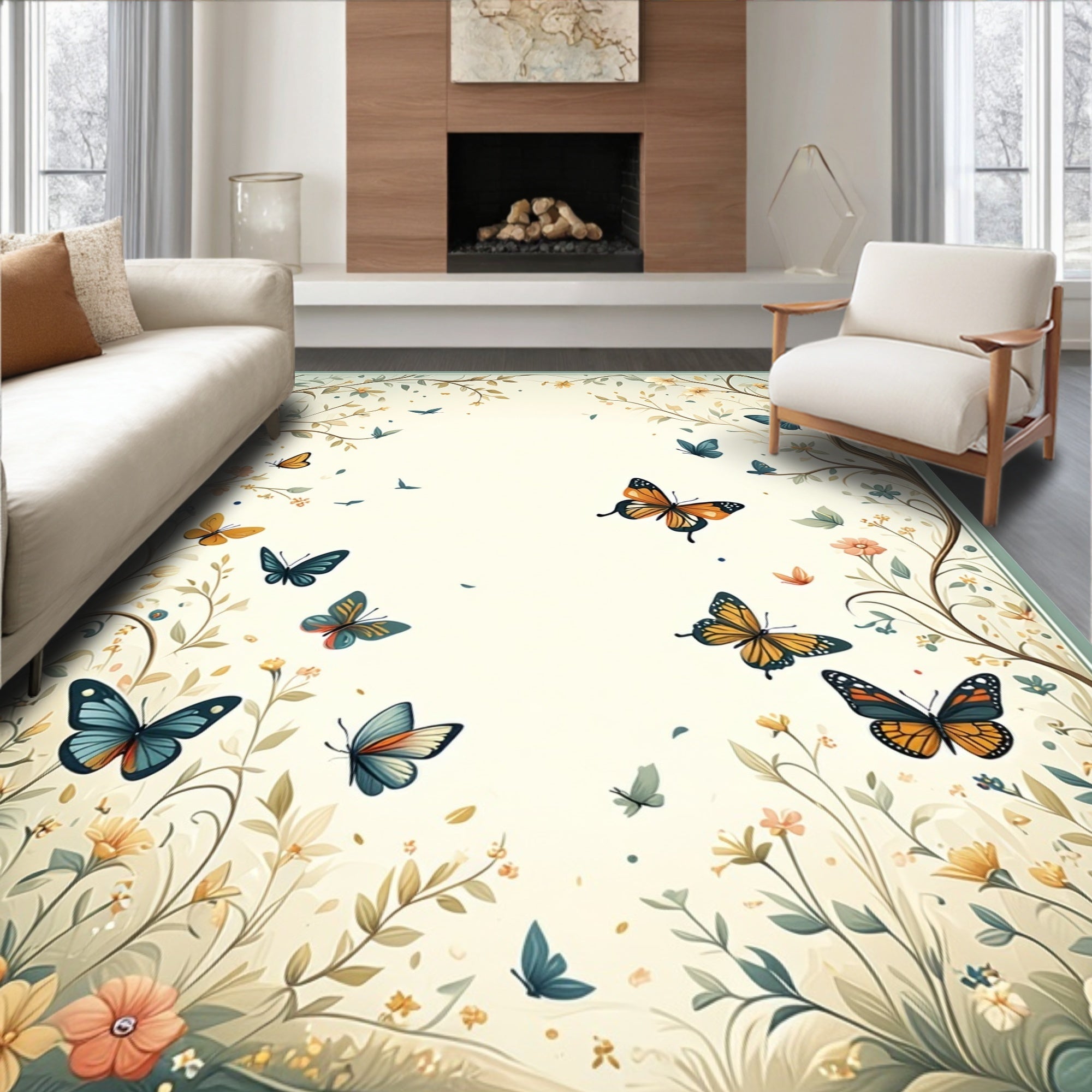 Whimsical Butterfly Garden Sketch Design Rug