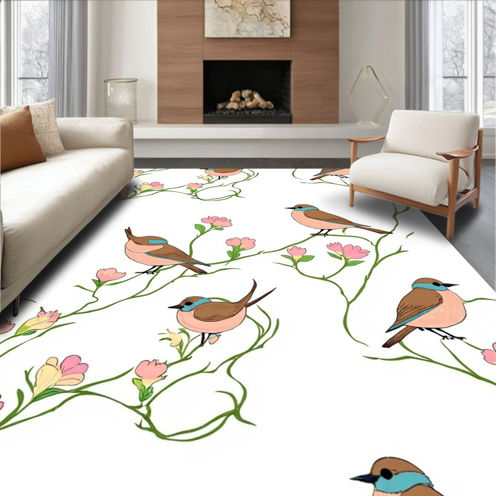 Chirpy Birds Blooming Branches Pattern Rug