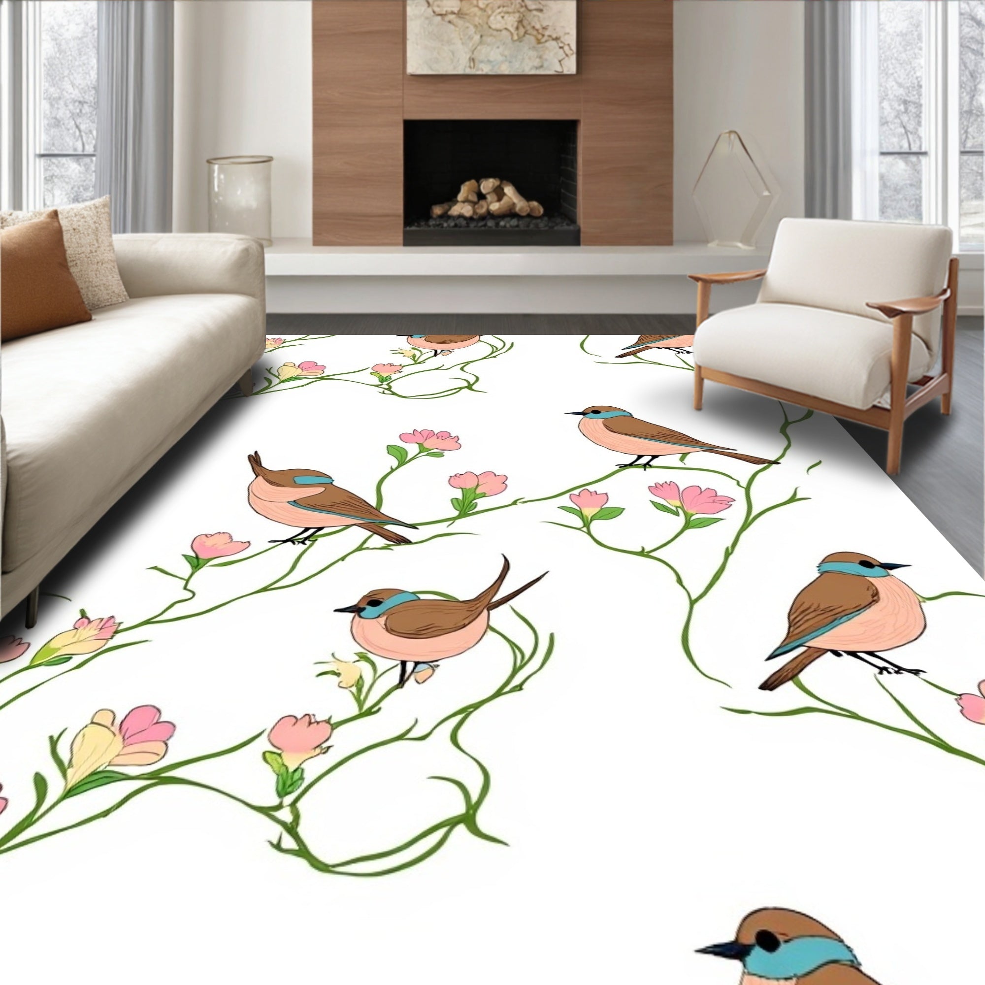 Chirpy Birds Blooming Branches Pattern Rug