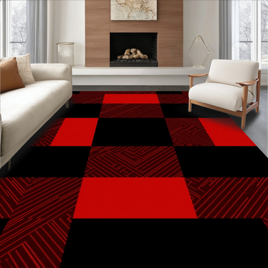 Bold Red Black Circuit Buffalo Check Rug