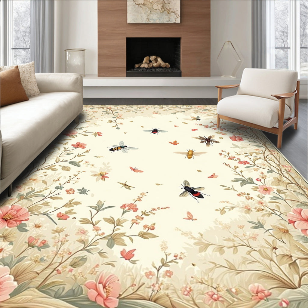 Whimsical Garden Insect Floral Pattern Rug