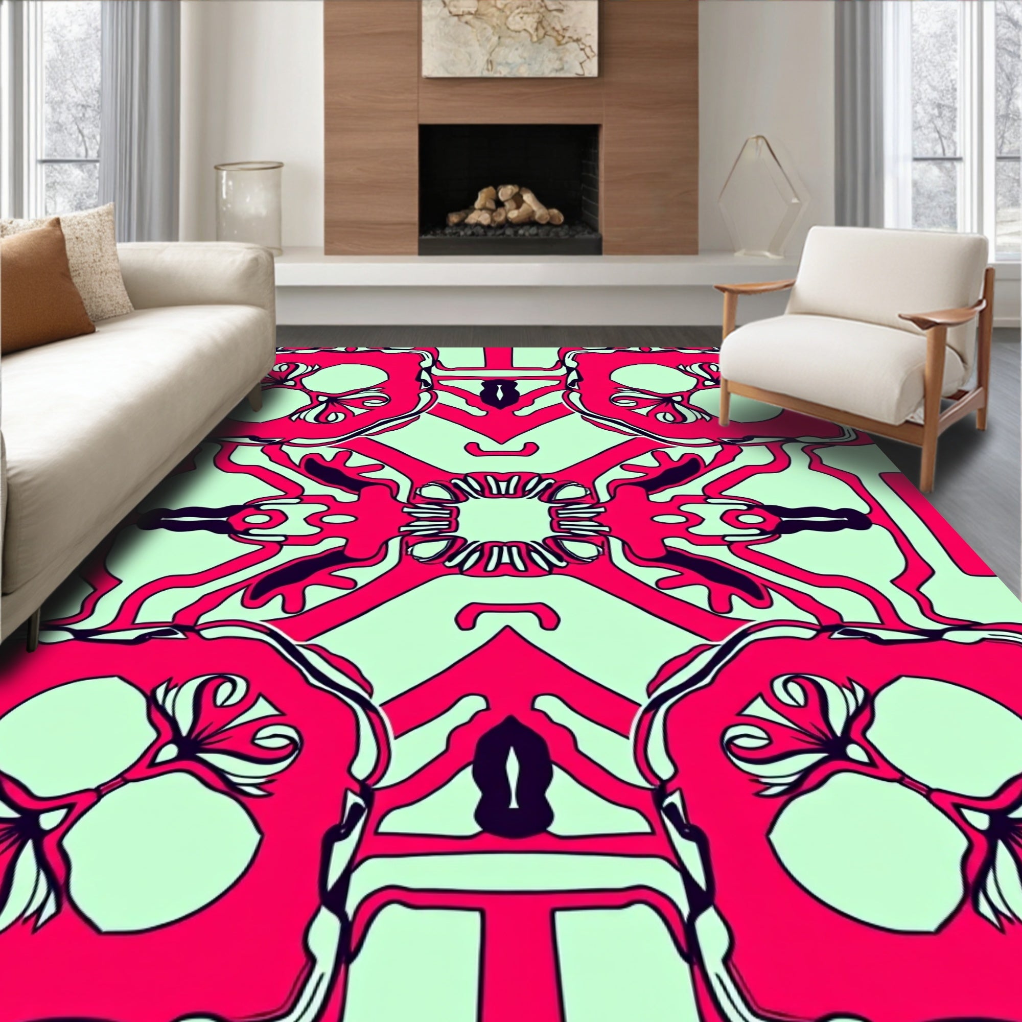 Bold Pink Geometric Floral Pattern Rug