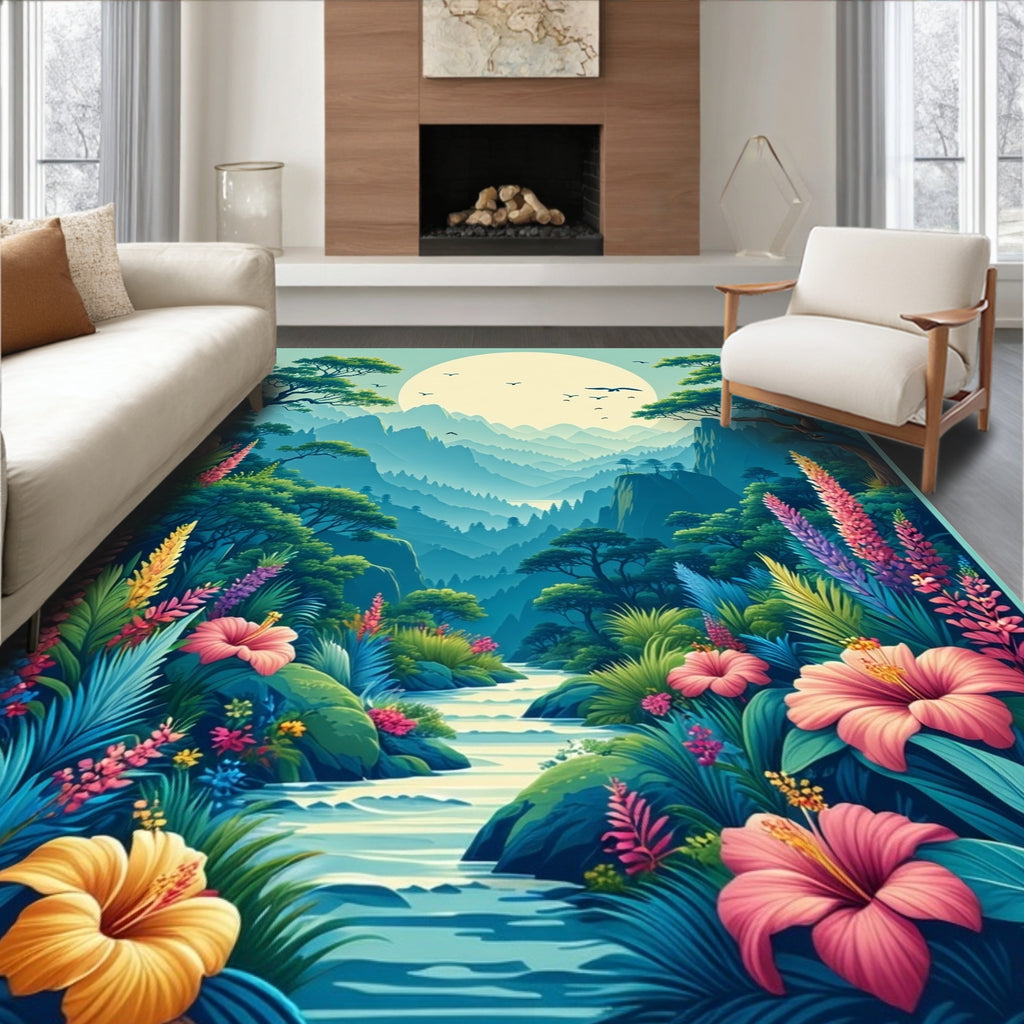 Lush Tropical Riverbed Floral Landscape Design Rug