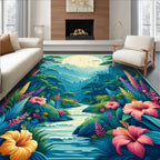 Lush Tropical Riverbed Floral Landscape Design Rug