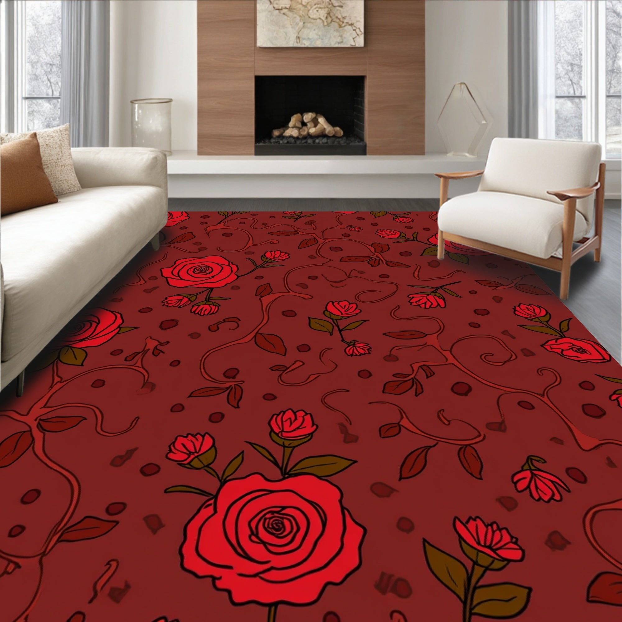Vibrant Rose Vine Pattern Rug