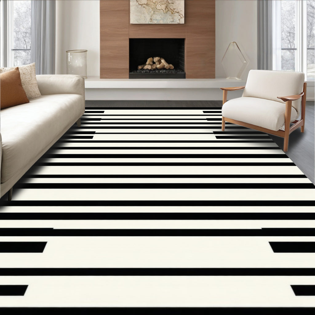 Bold Black and White Striped Pattern Rug