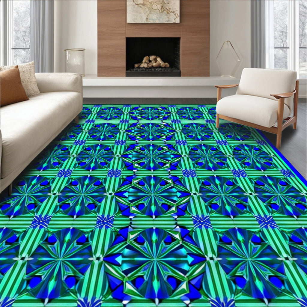 Bold Geometric Blue Green Medallion Design Rug