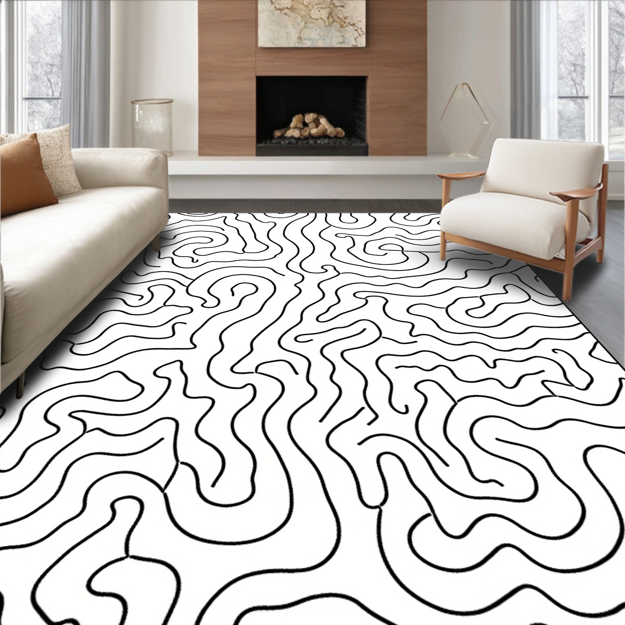 Abstract Black Swirls Pattern Rug