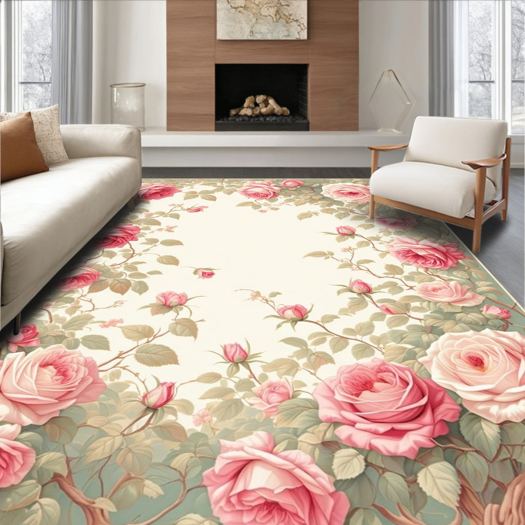 Soft Pink Rose Garden Pattern Rug