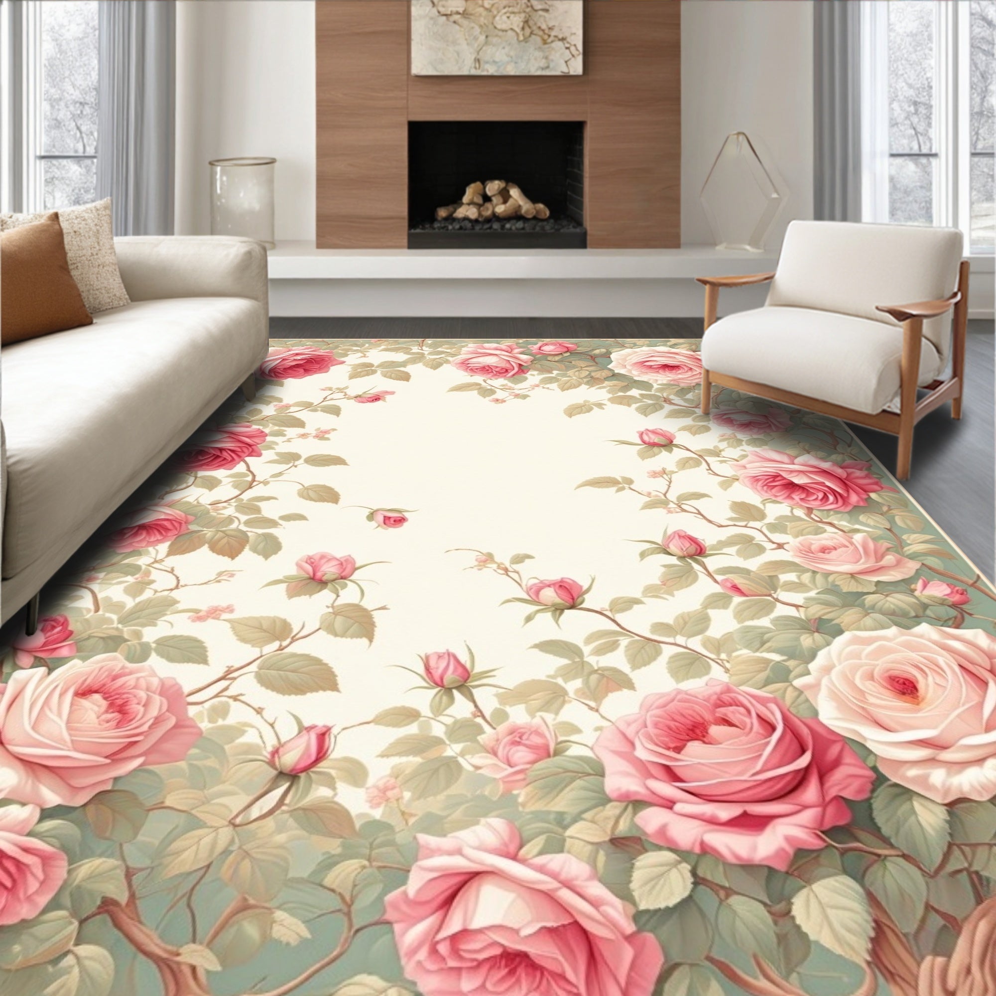Soft Pink Rose Garden Pattern Rug