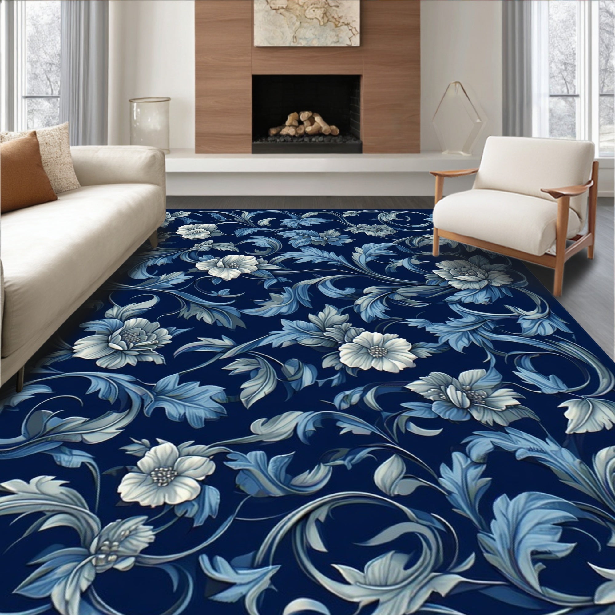 Classic Blue Floral Scroll Pattern Rug