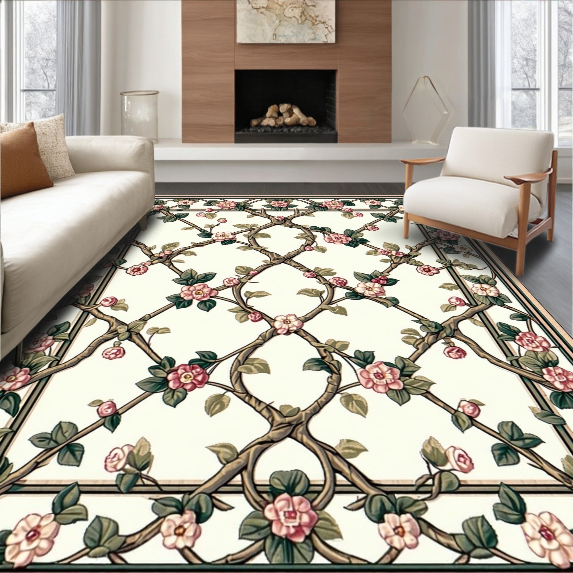 Floral Trellis Beige Pattern Design Rug