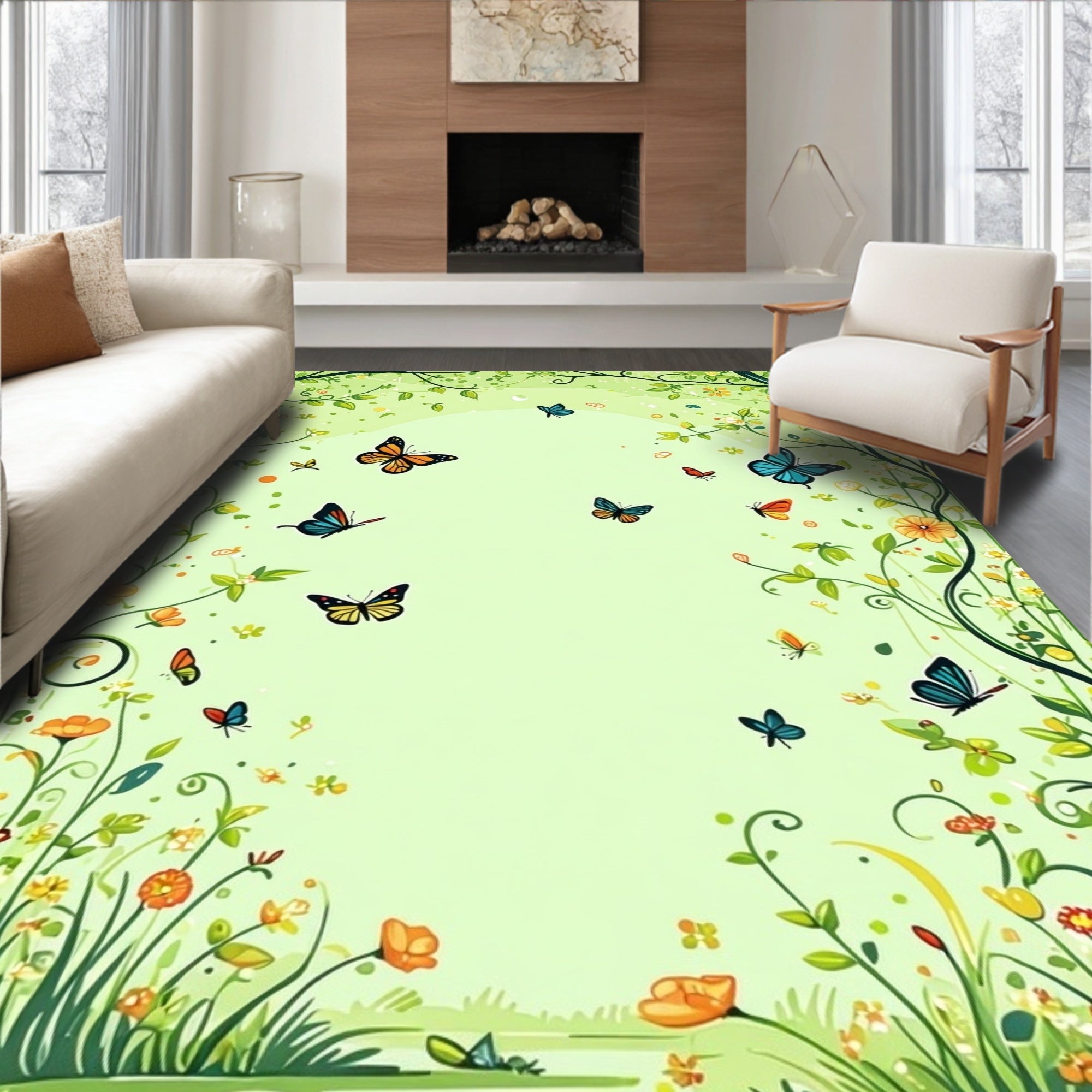 Whimsical Butterfly and Floral Garden Rug