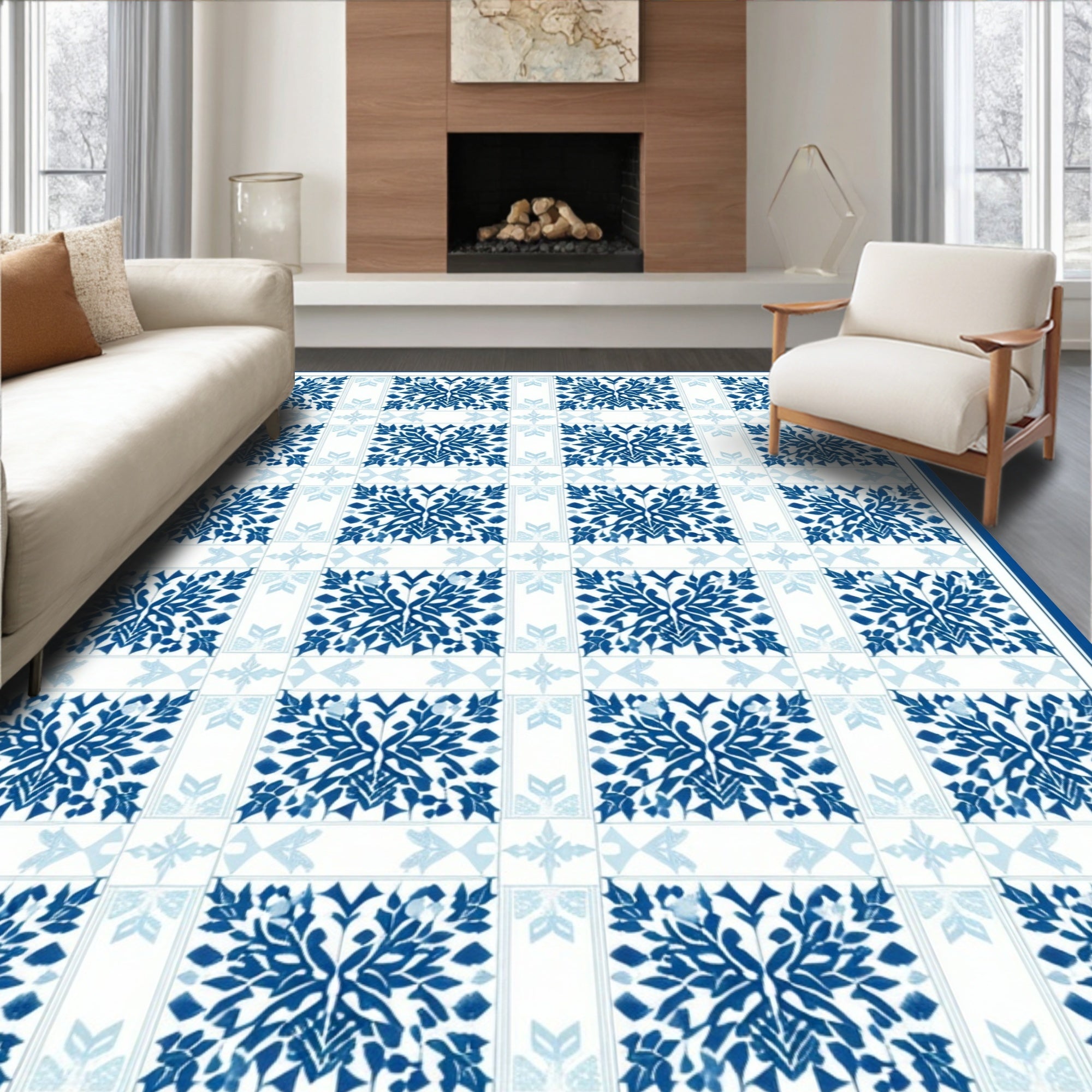 Classic Blue And White Floral Pattern Rug