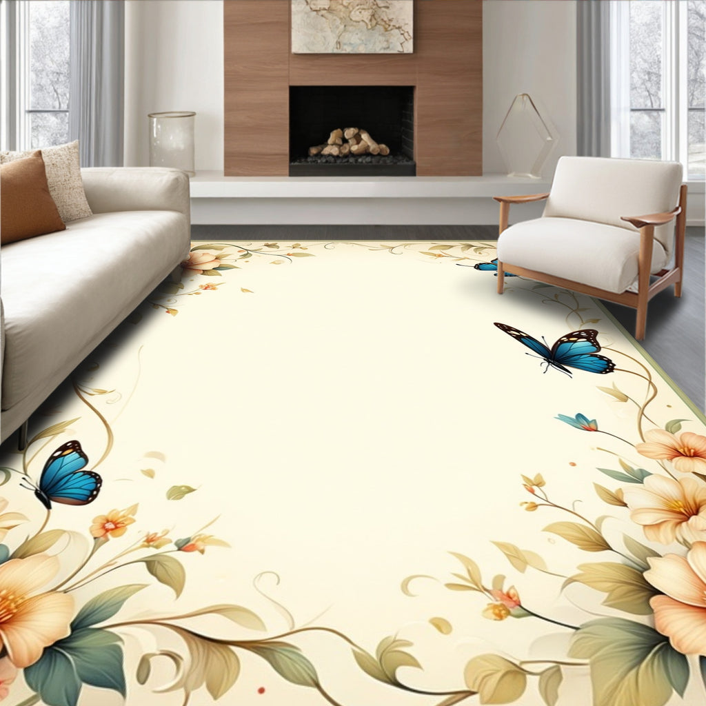 Delicate Floral Vine Butterfly Pattern Rug