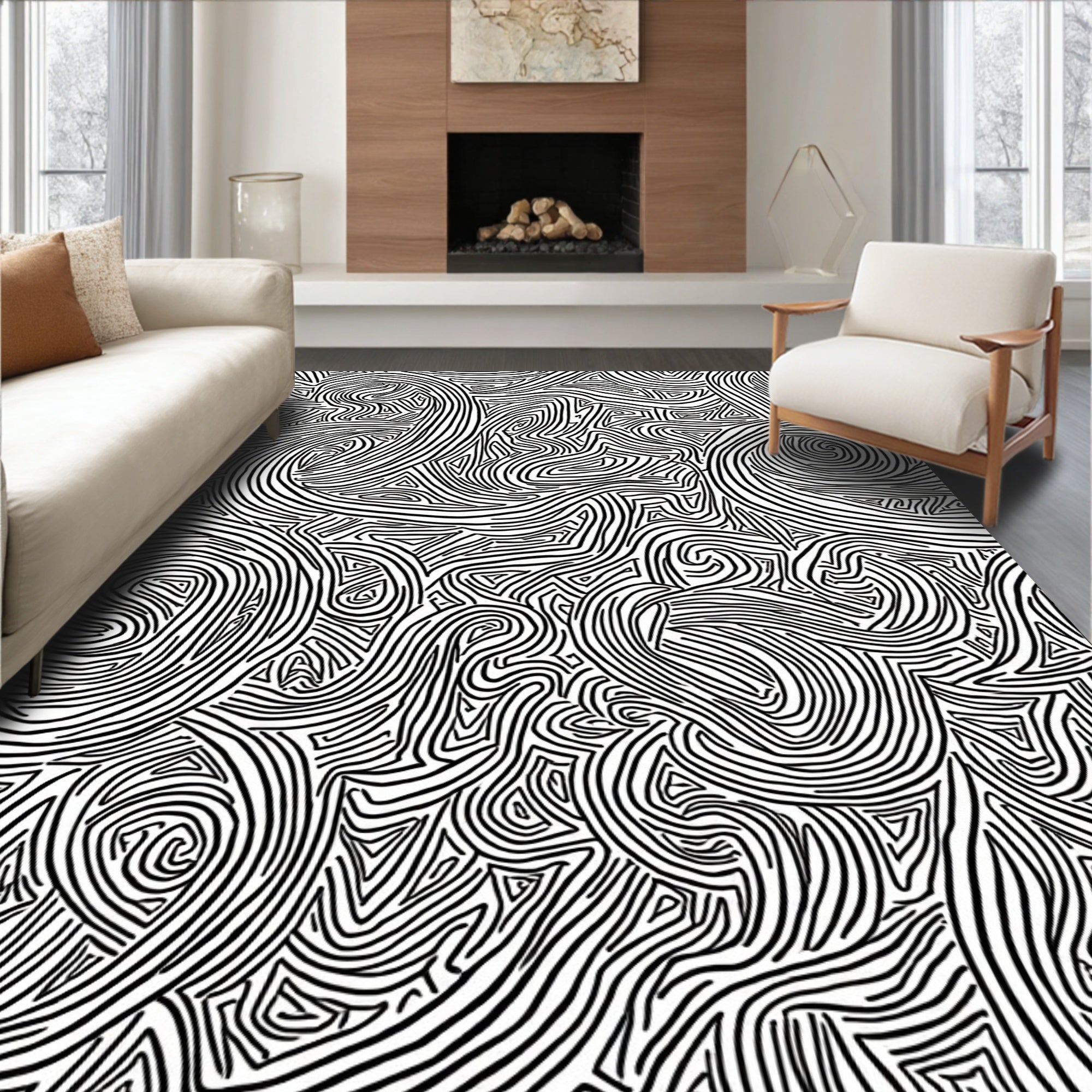 Intricate Swirls Geometric Lines Design Rug