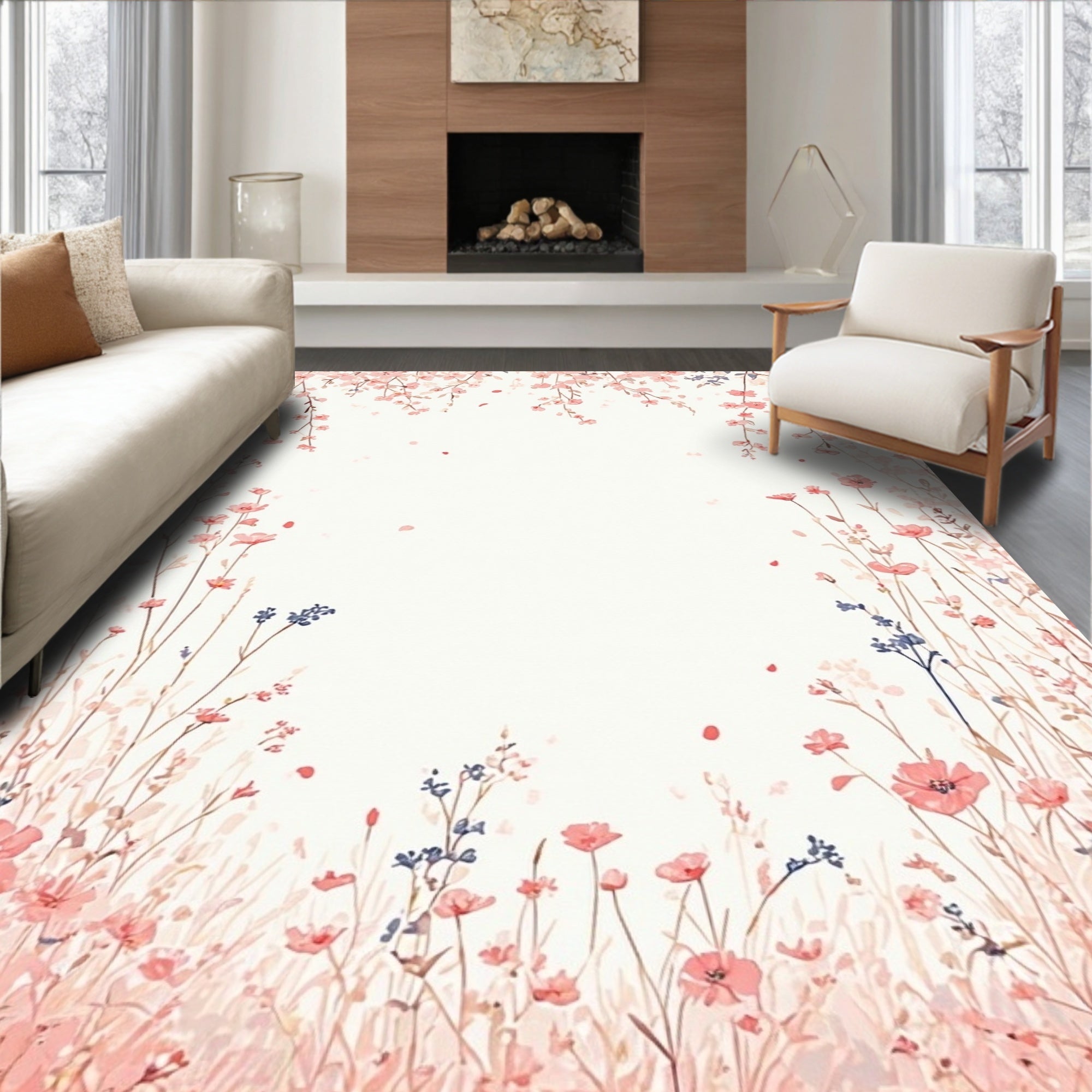 Delicate Pink Floral Scene Rug