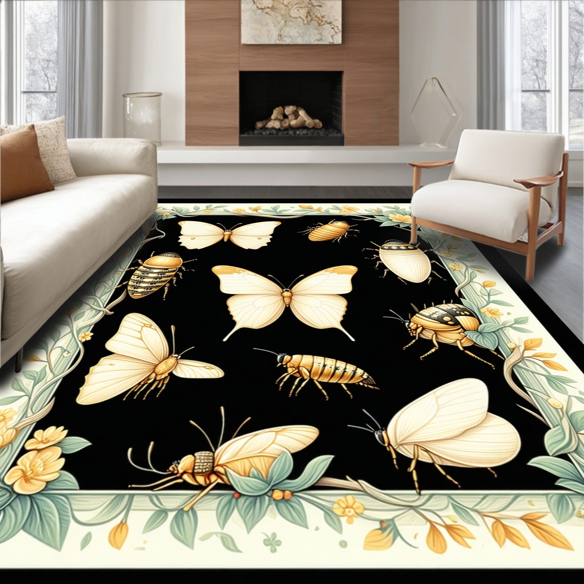 Nature Insects Butterflies Floral Border Rug