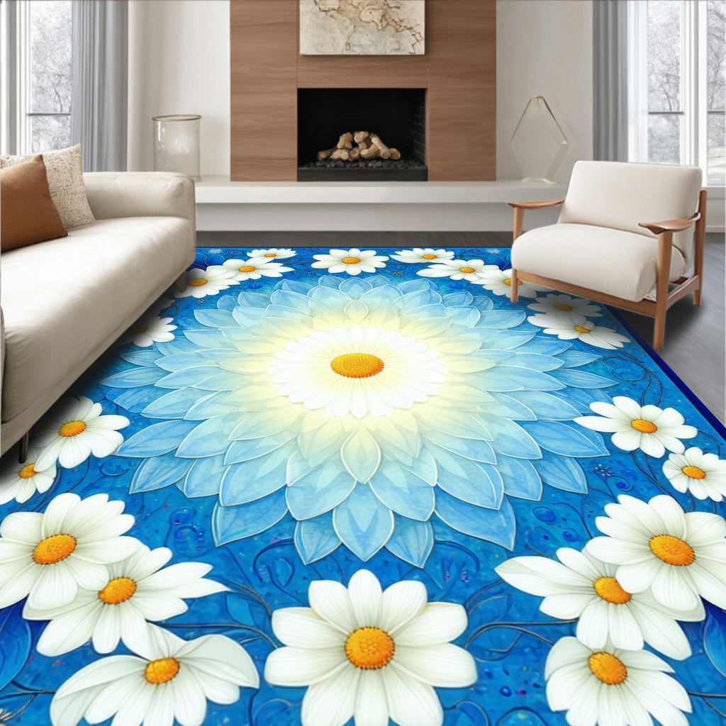 Radiant Blue Daisy Mandala Design Rug