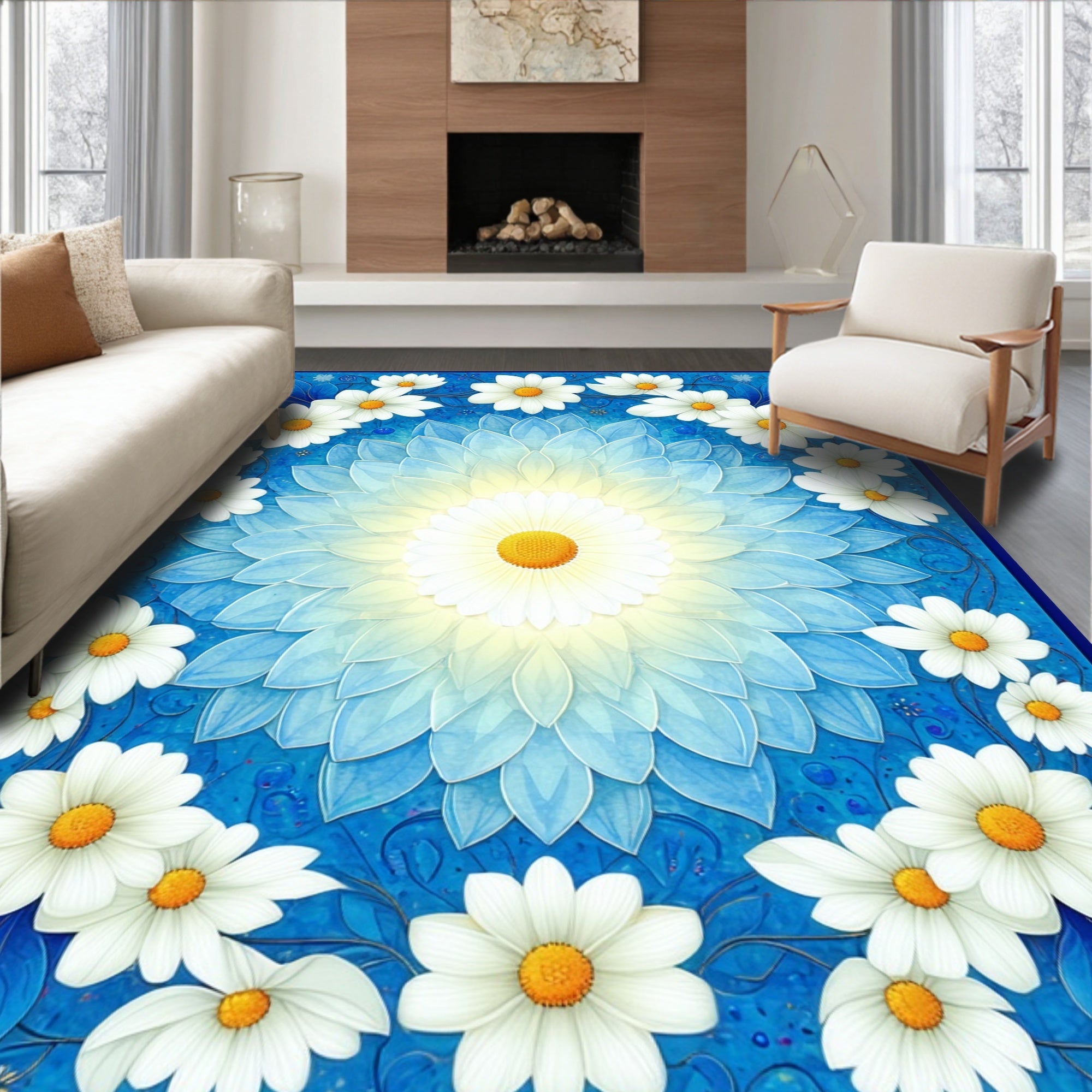Radiant Blue Daisy Mandala Design Rug