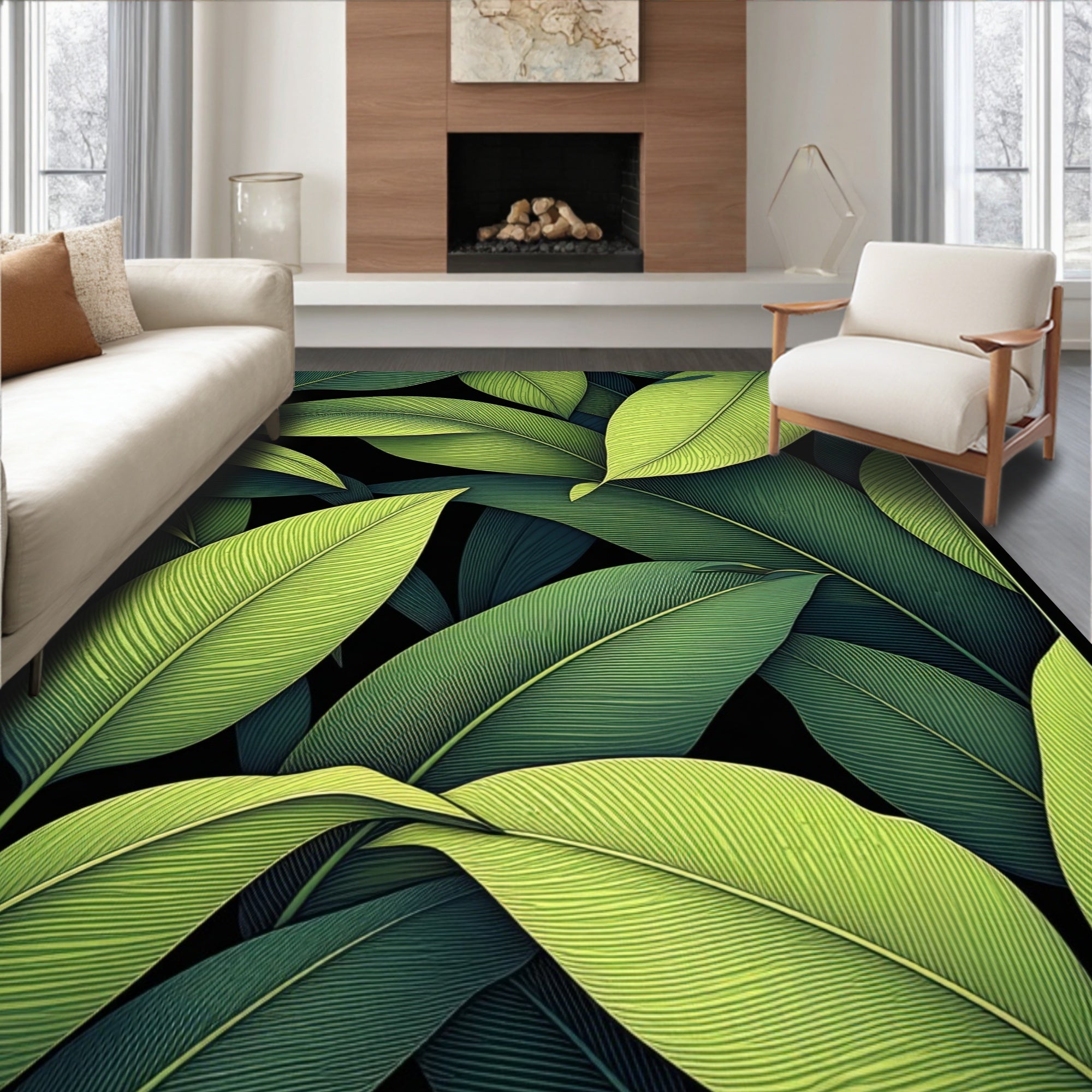 Lush Green Leaf Pattern Design Rug