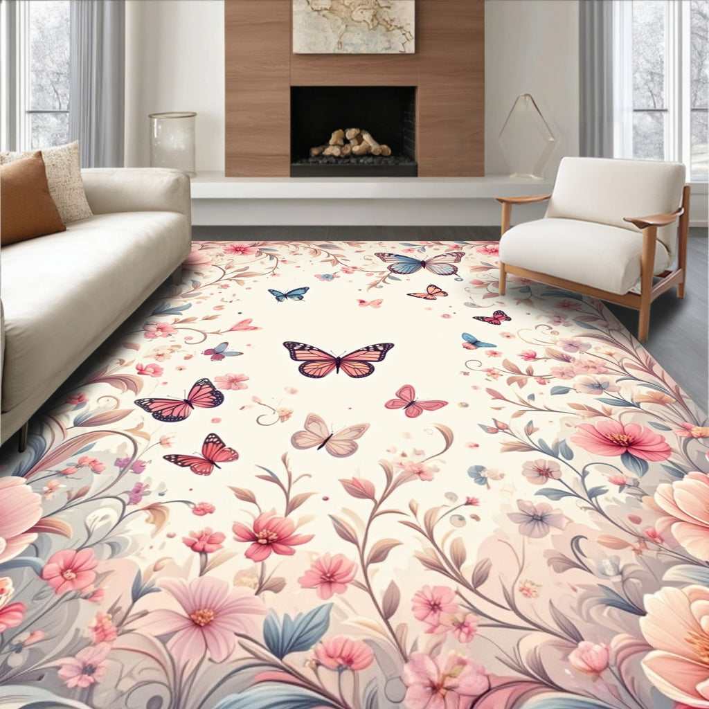 Whimsical Butterflies Floral Garden Design Rug