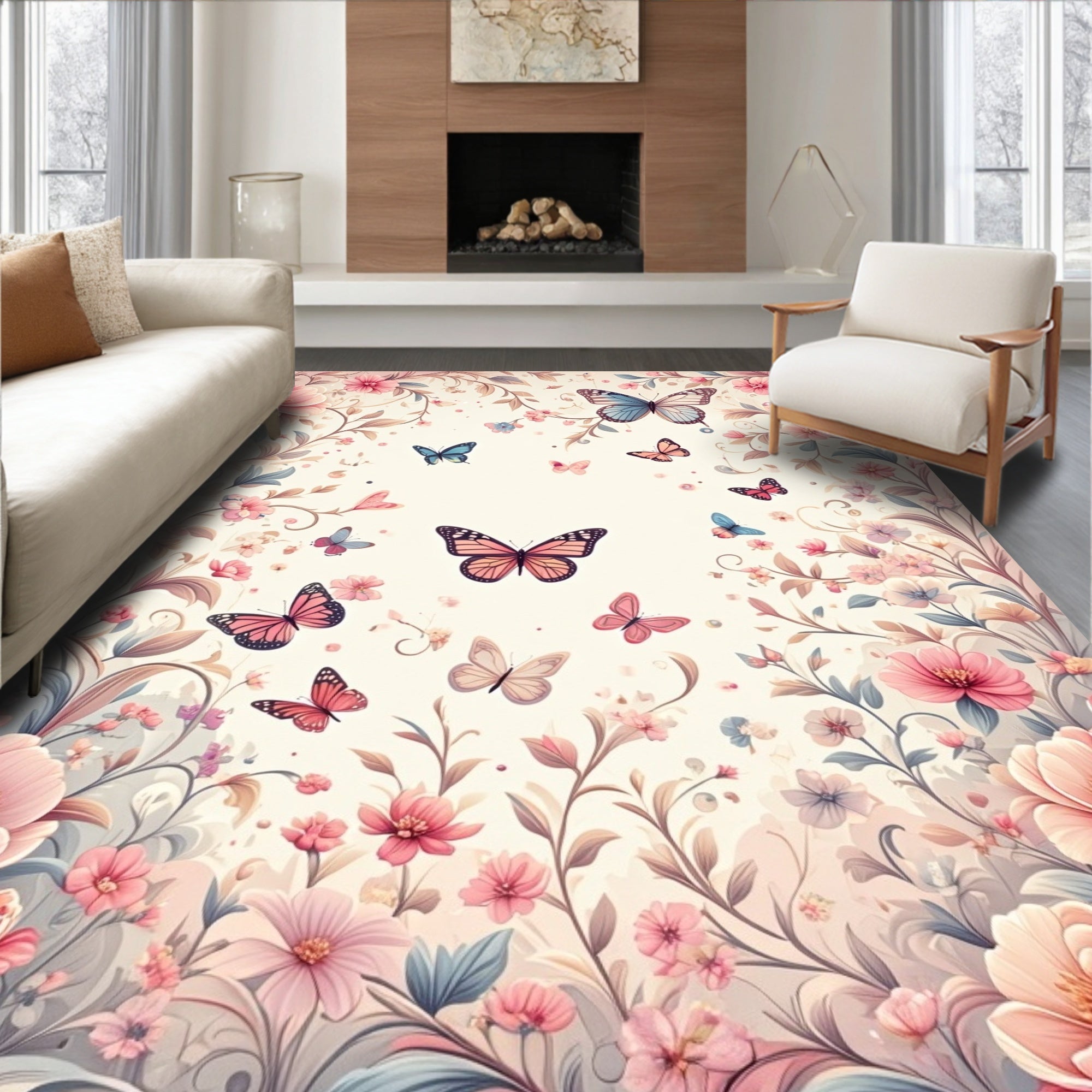 Whimsical Butterflies Floral Garden Design Rug