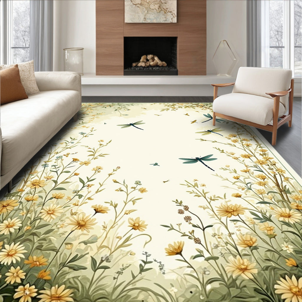 Whimsical Dragonfly Floral Garden Scene Rug