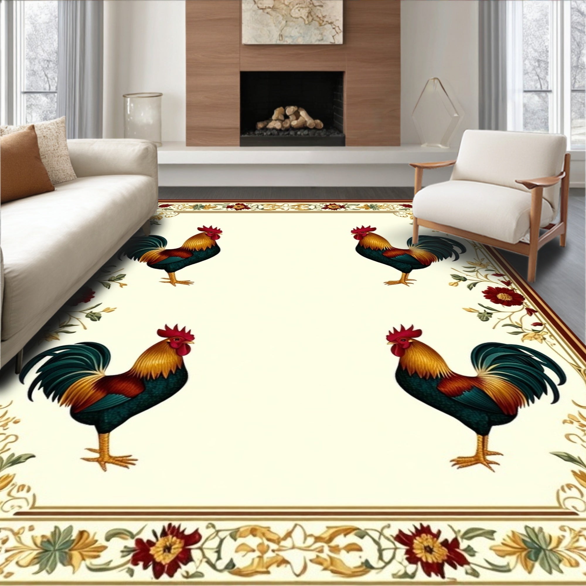 Rooster Floral Border Design Rug