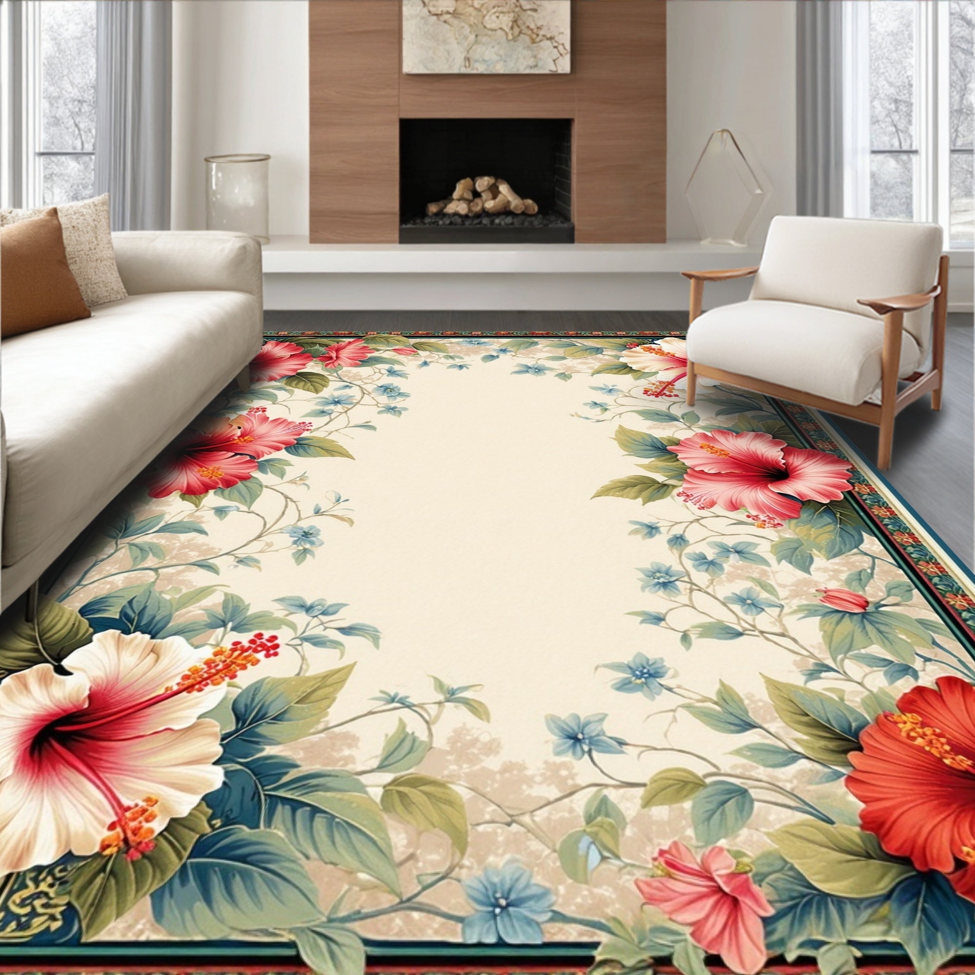 Floral Hibiscus Conservatory Botanical Design Rug