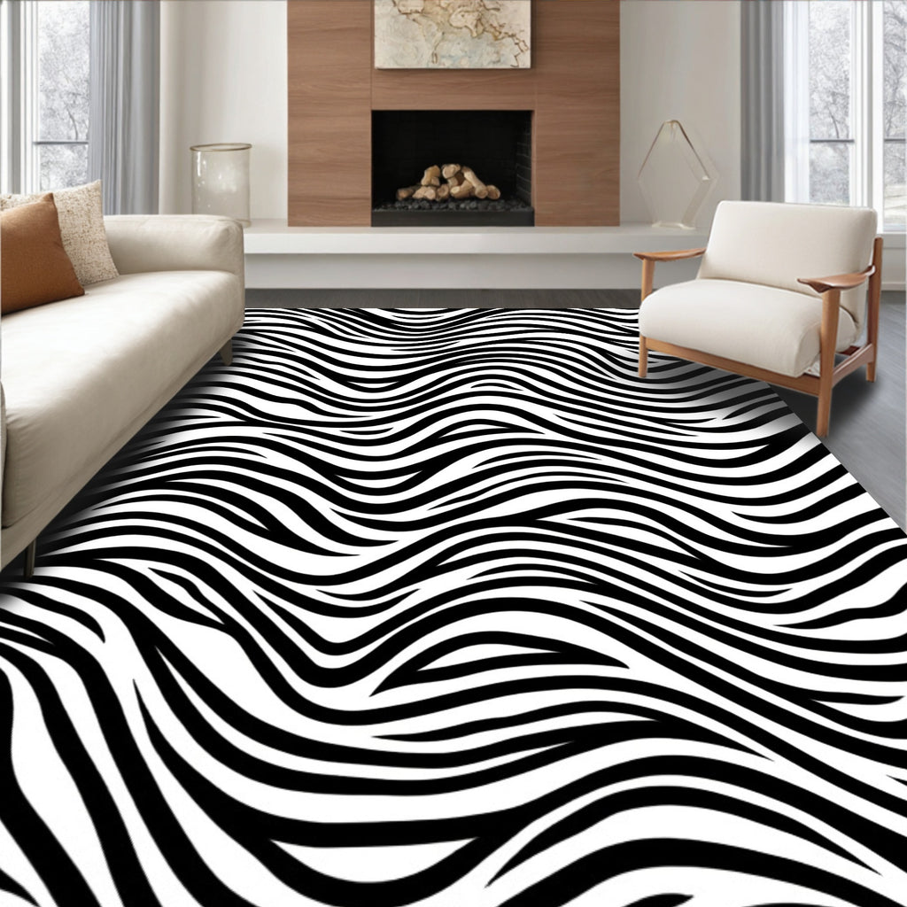 Bold Black White Wavy Lines Rug