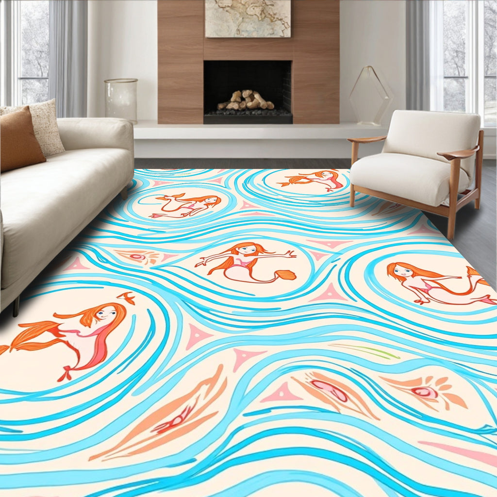 Playful Mermaid Ocean Waves Pattern Rug