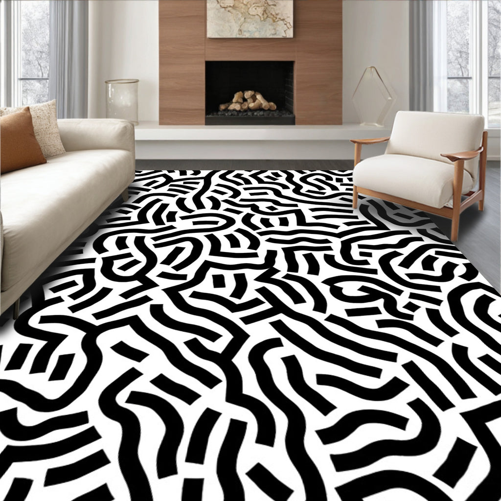 Abstract Black White Maze Pattern Rug
