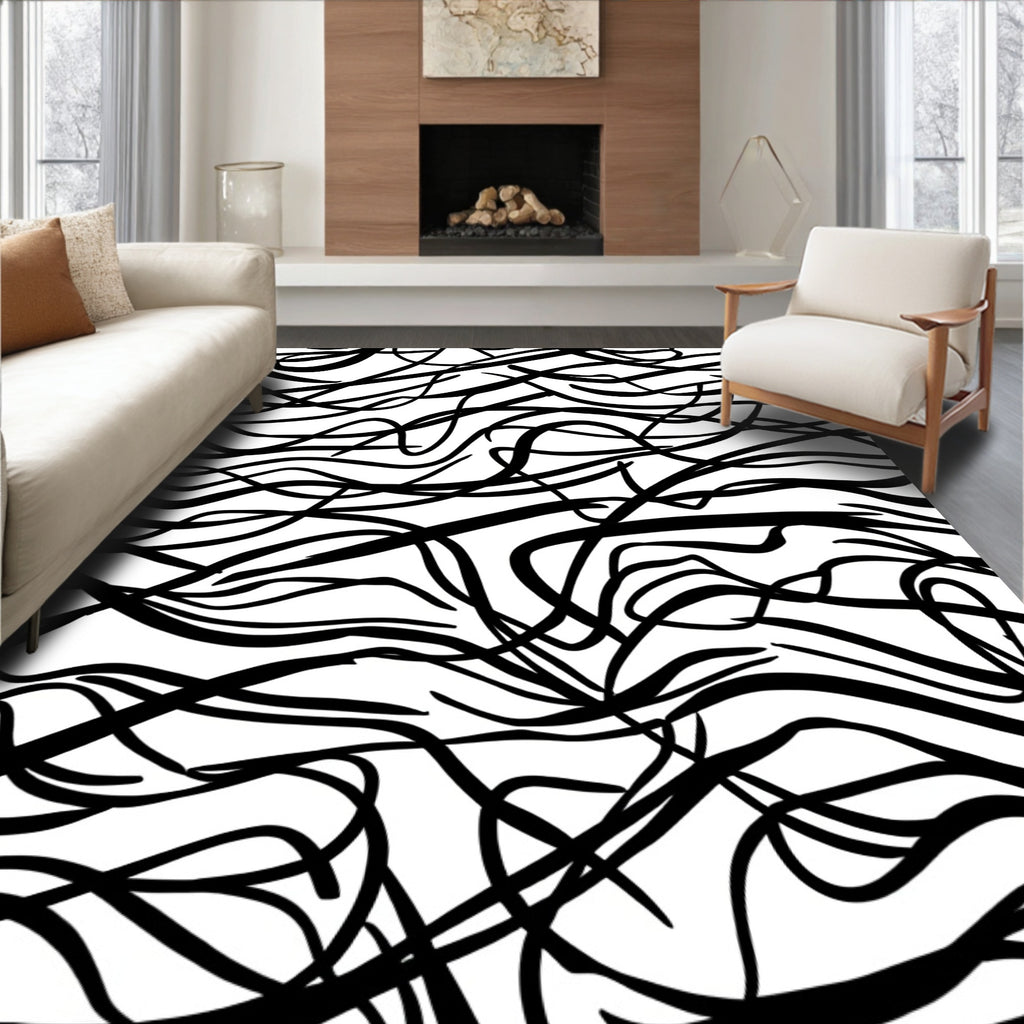 Abstract Swirling Black Line Pattern Rug