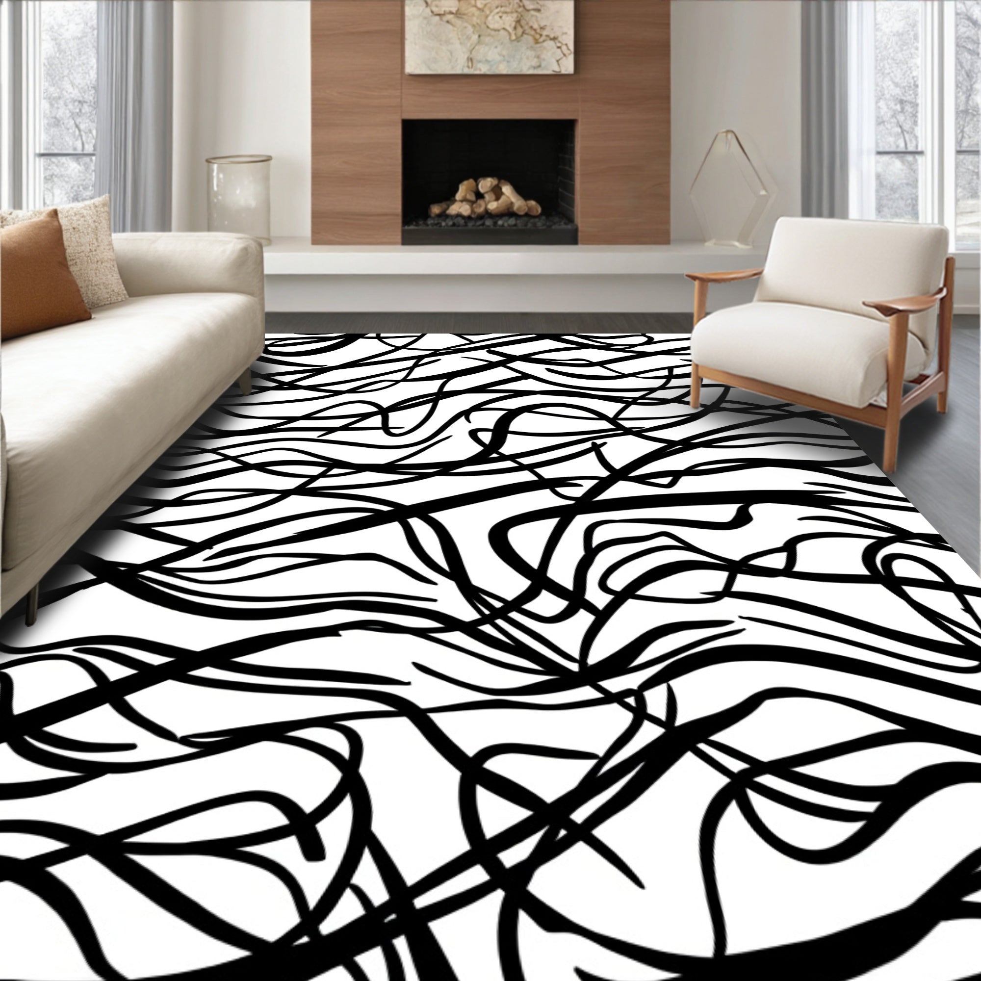 Abstract Swirling Black Line Pattern Rug