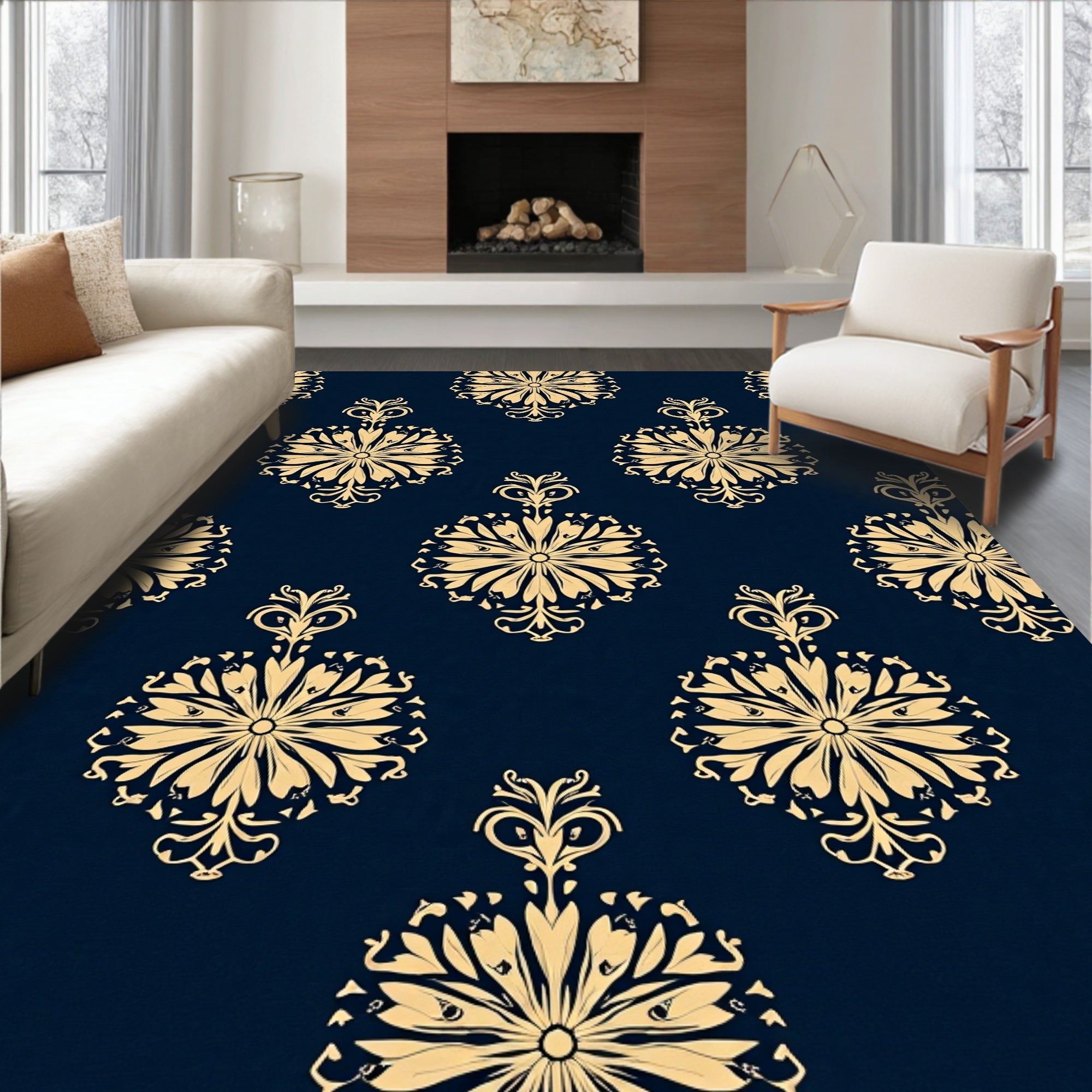 Damask Style Gold Navy Floral Rug