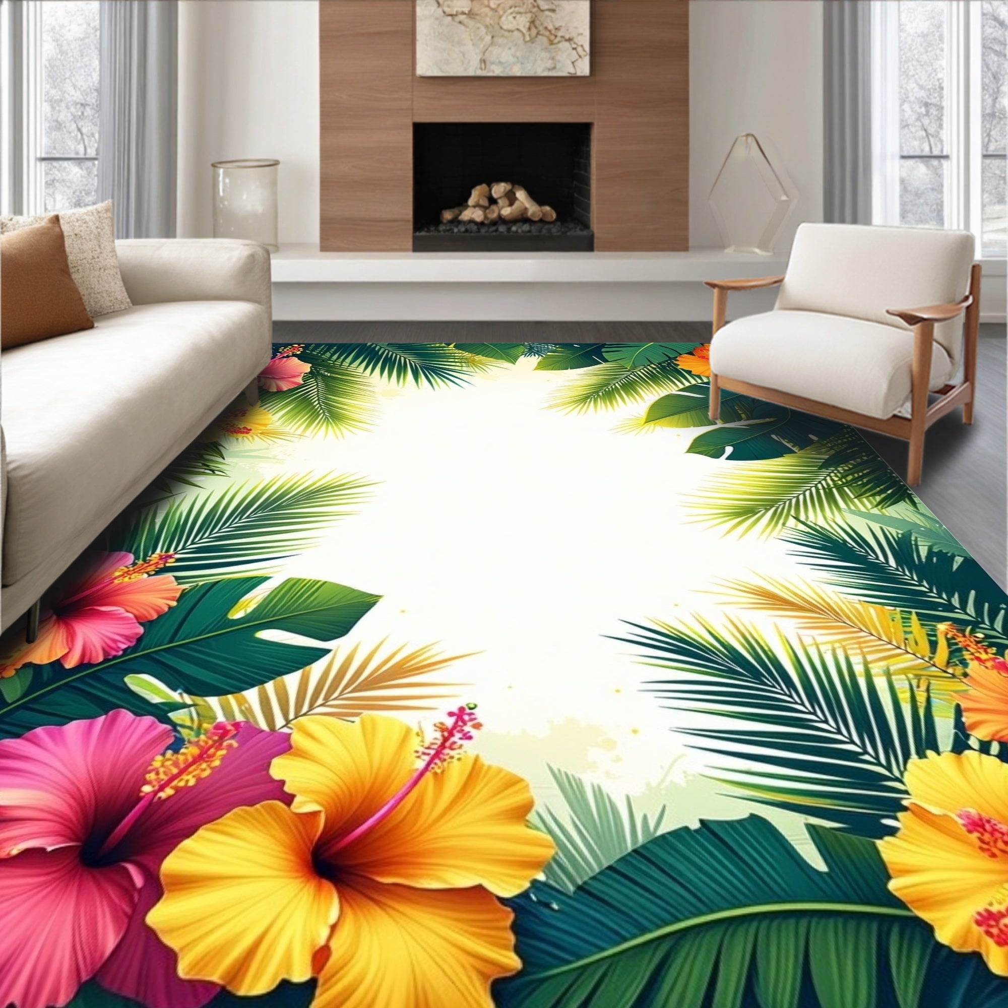 Tropical Hibiscus Palm Leaf Design Rug