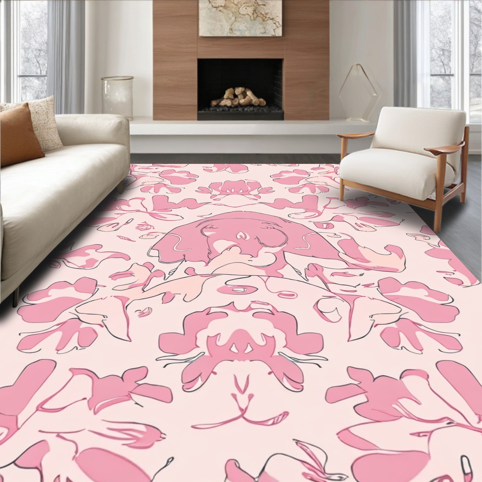 Abstract Pink Floral Symmetry Design Rug
