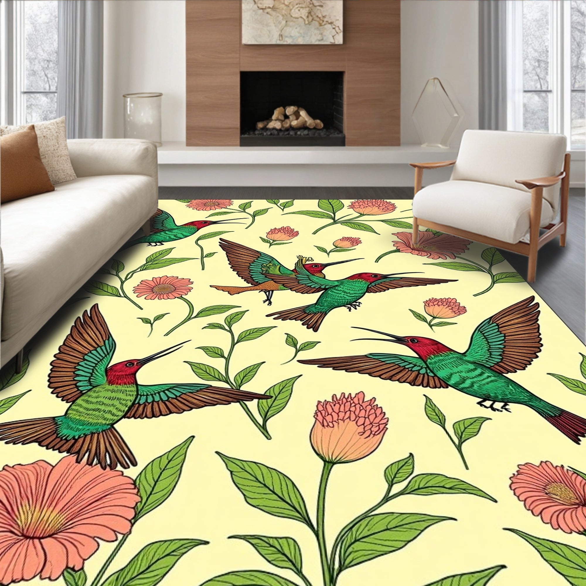 Hummingbirds And Pink Floral Pattern Rug