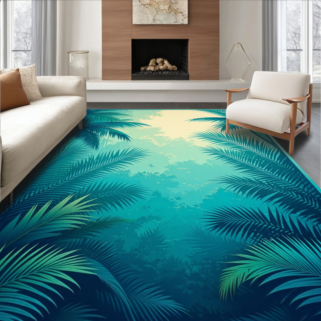 Tropical Palm Frond Forest Scene Rug