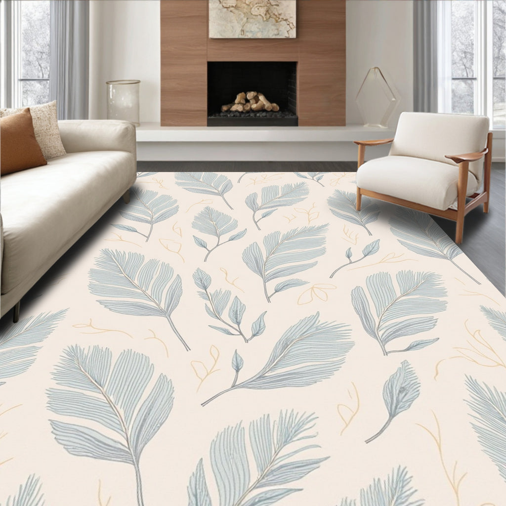 Light Blue Feather Botanical Pattern Rug