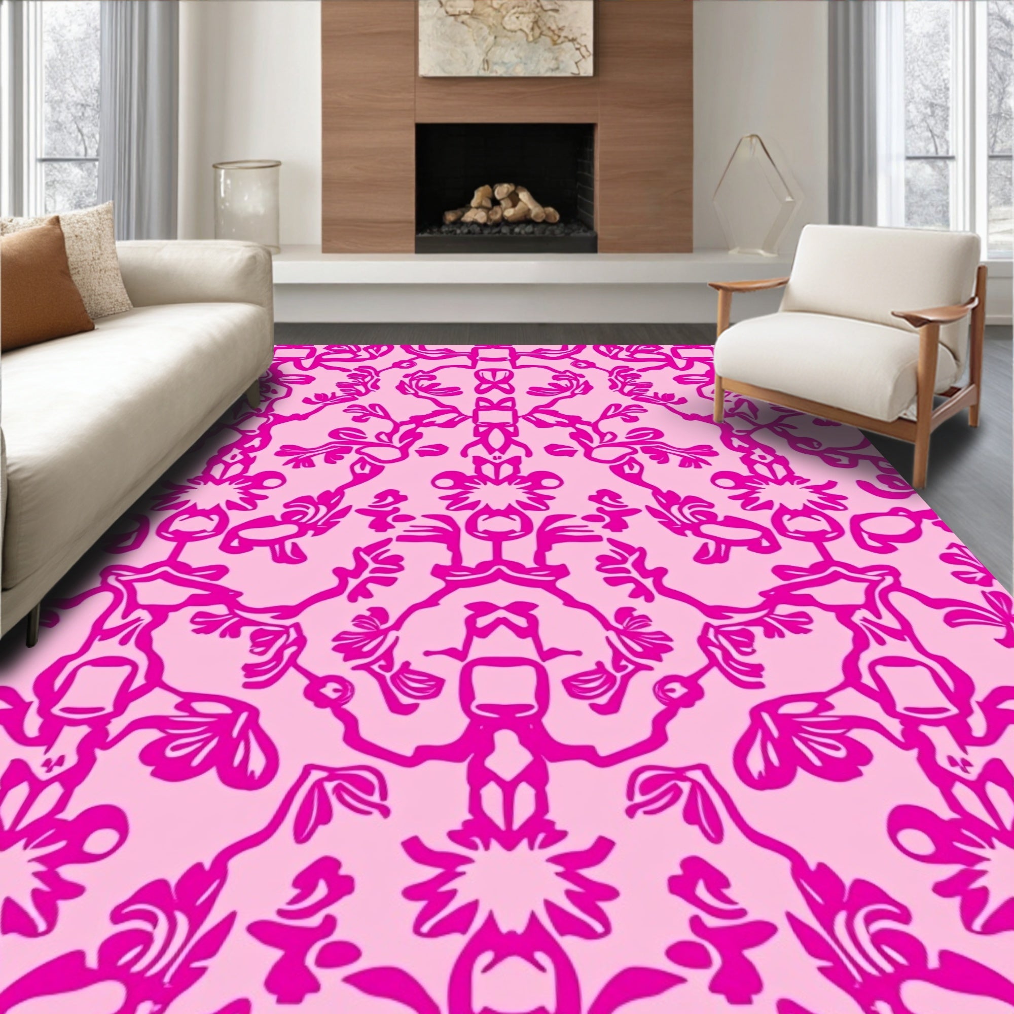 Hot Pink Floral Lace Pattern Rug