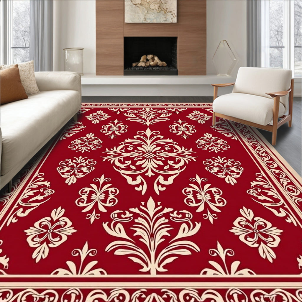 Elegant Red Floral Damask Design Rug