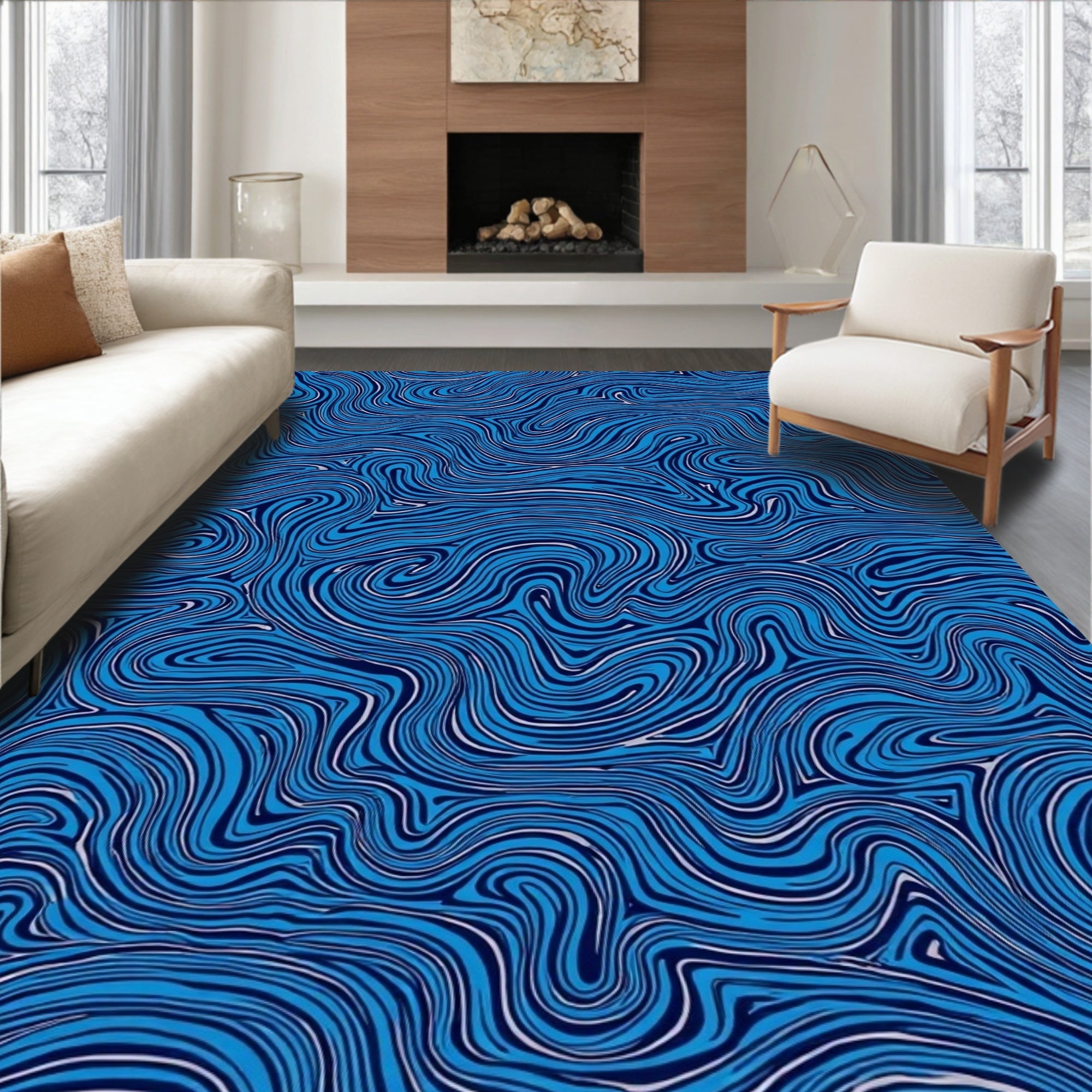 Dynamic Blue Swirl Marble Pattern Rug