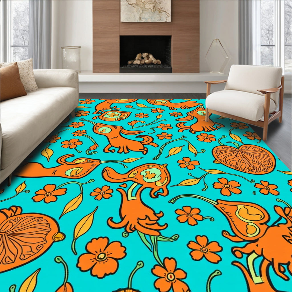 Whimsical Orange Creatures Floral Rug