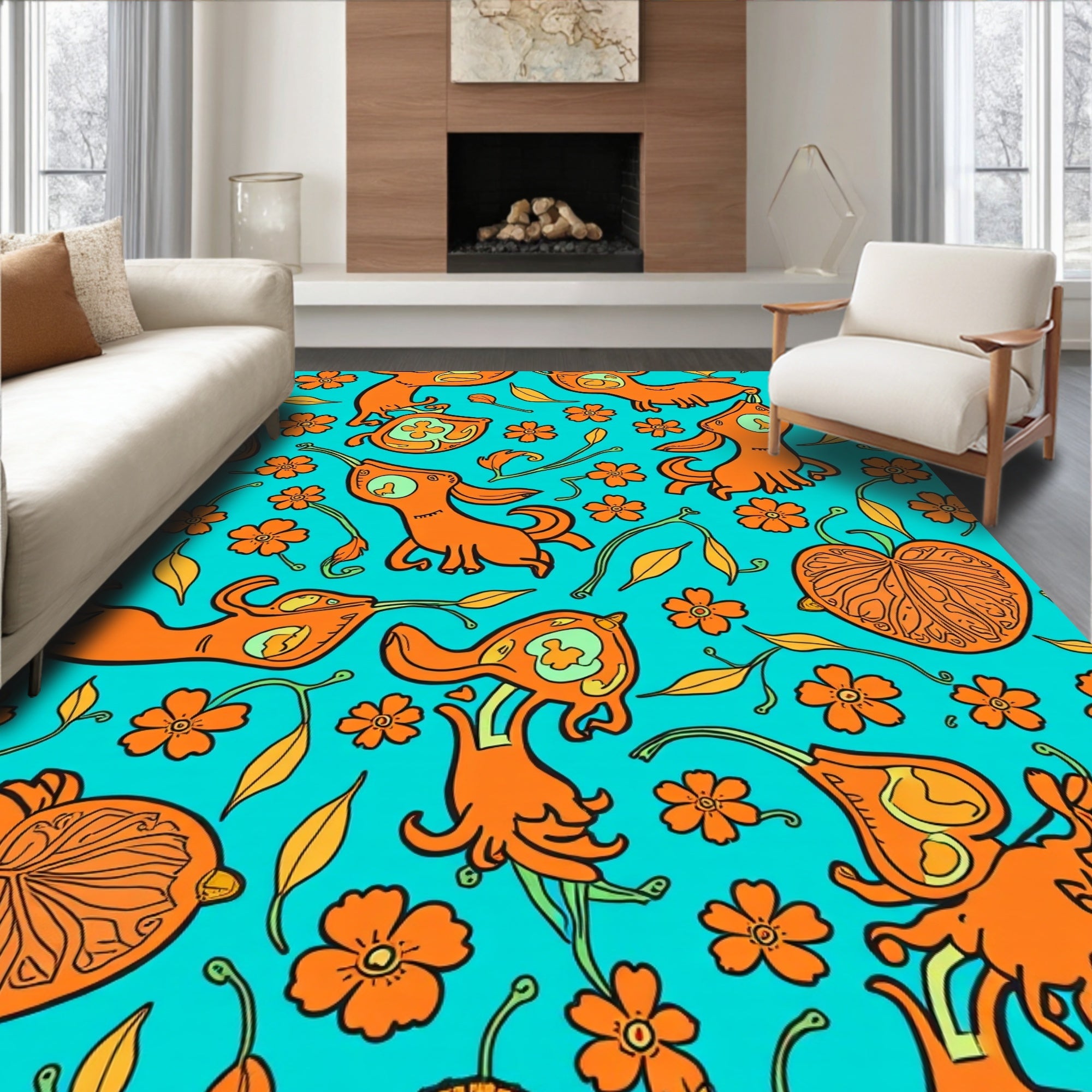 Whimsical Orange Creatures Floral Rug