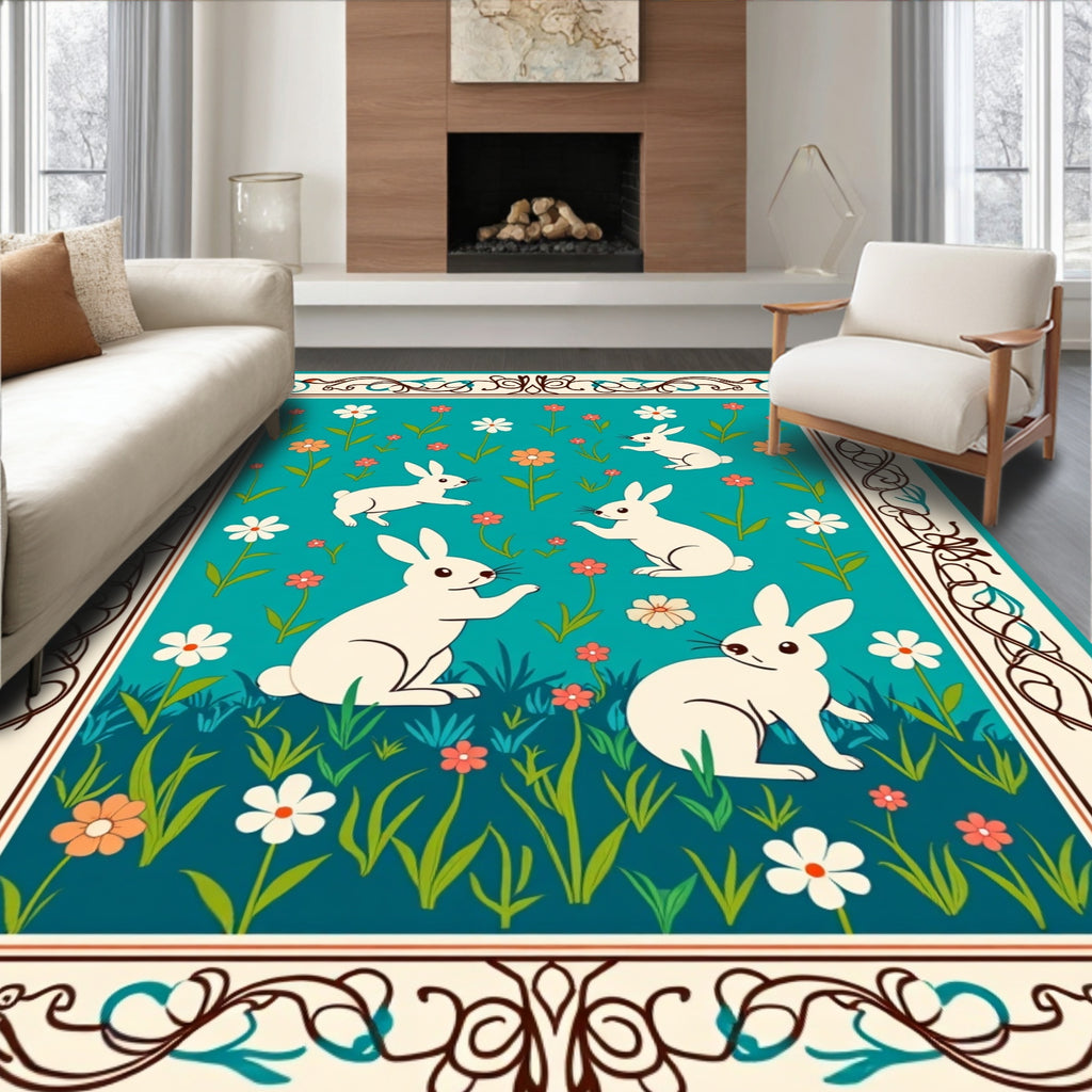 Spring Meadow Bunny Botanical Pattern Rug