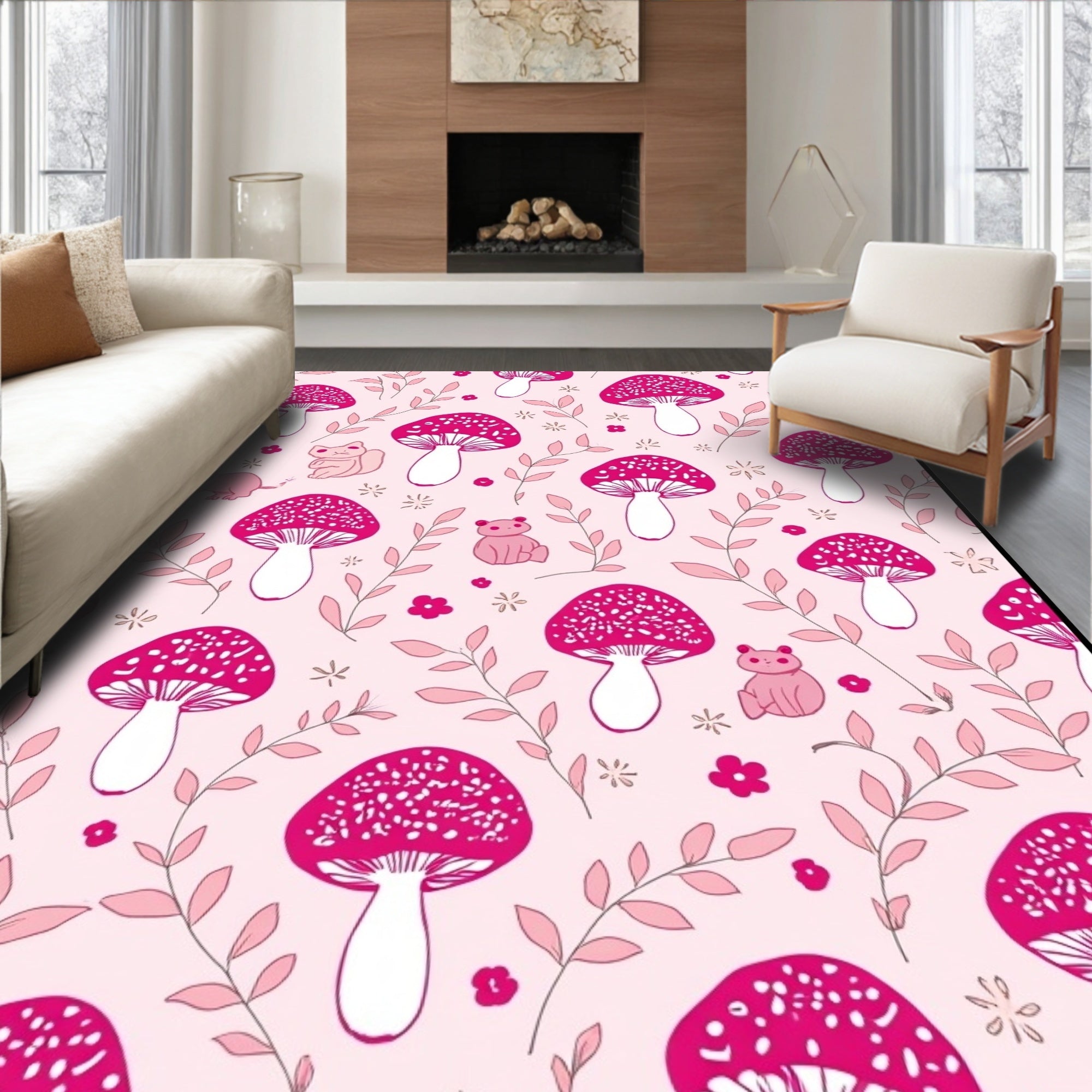 Cute Pink Mushroom Animal Pattern Rug