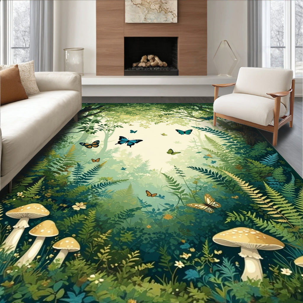 Enchanted Forest Butterfly Mushroom Design Rug